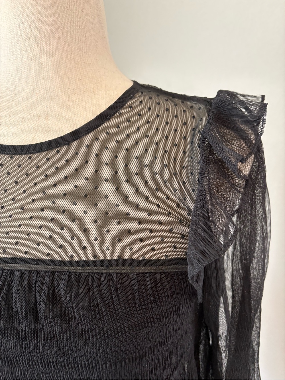 Maje Black Sheer Dot Long Sleeve Overlay Girls Date Night Top Ruffle Small - Picture 4 of 9